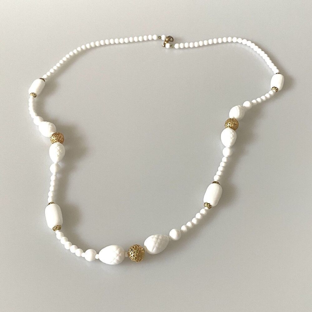 Vintage Milk Glass Necklace 30โ Beaded White Gold Tone FLAW Jewelry